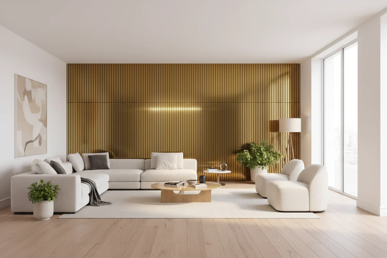 Acoustic Slatted Wall Panel 240 x 60cm - Mirror Gold x 1 panel - Image 4