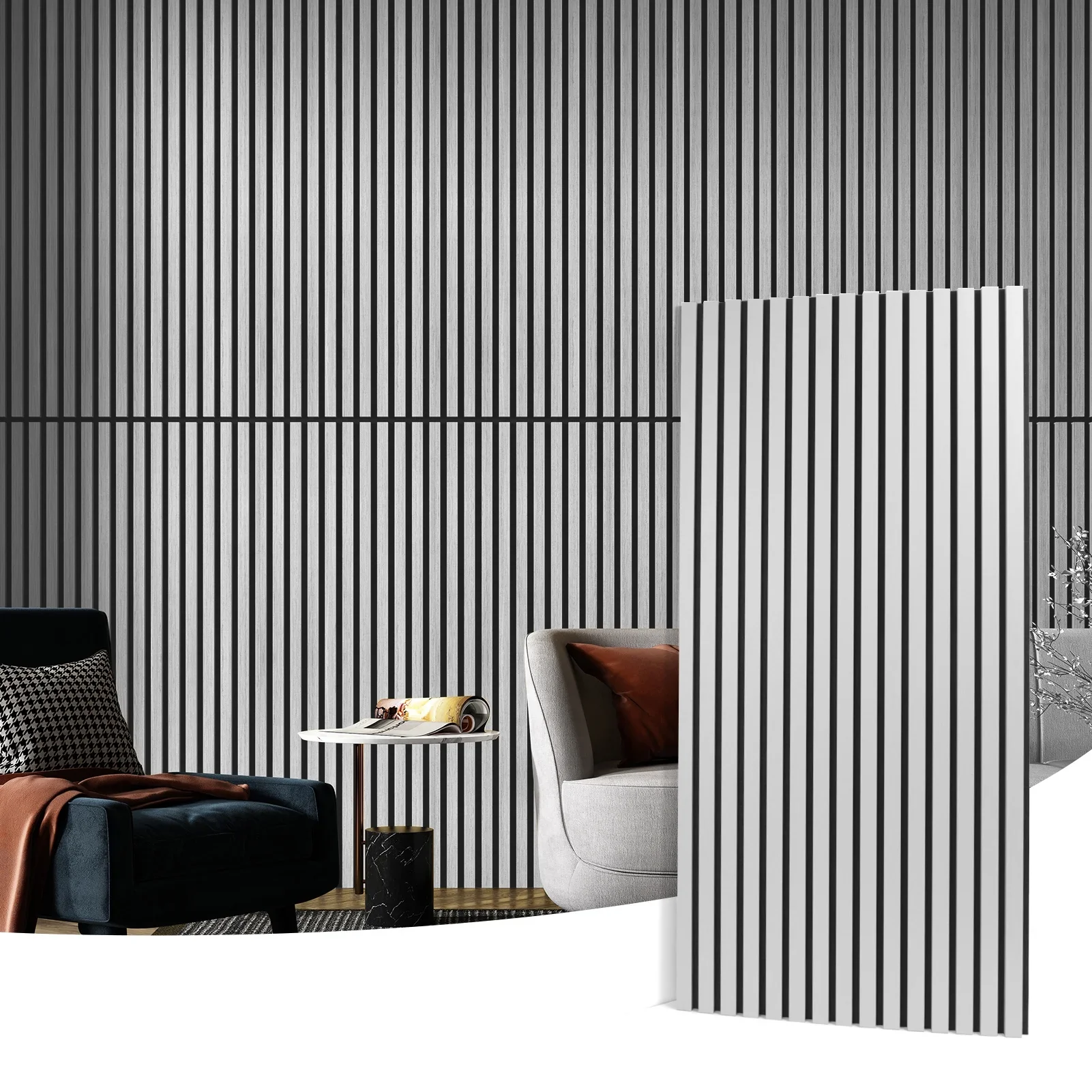 Acoustic Slatted Wall Panel 240 x 60cm - Light metallic grey x 1 panel - Image 3